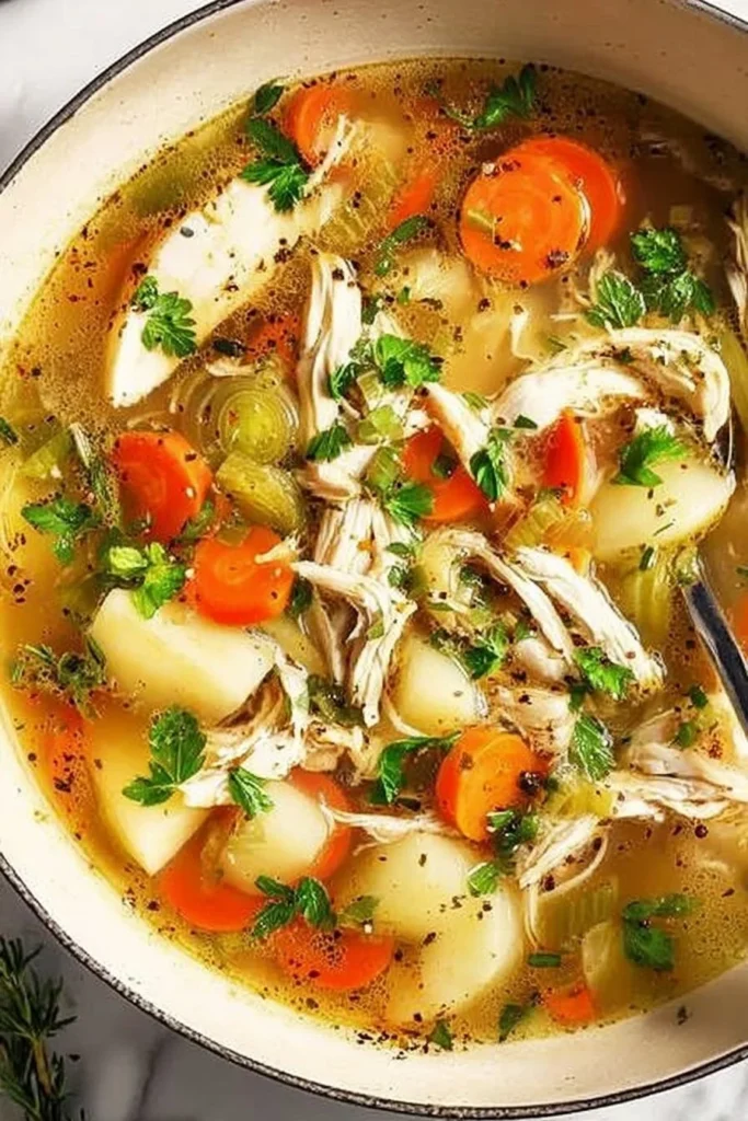 Bowl of easy healthy homemade chicken soup with vegetables and herbs