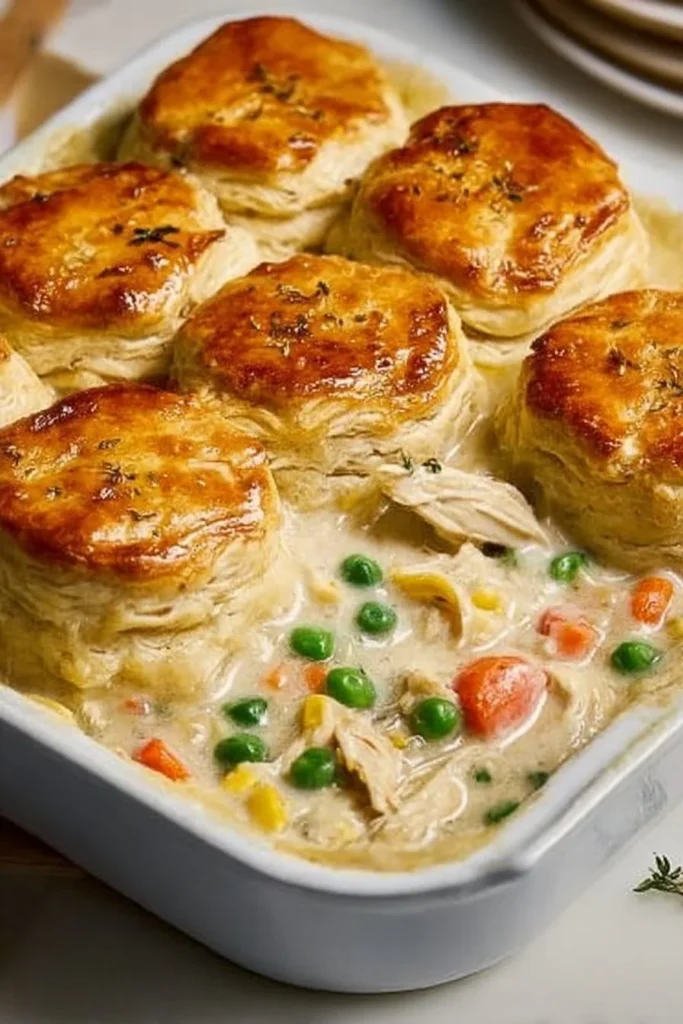 Easy homemade chicken pot pie casserole topped with flaky crust
