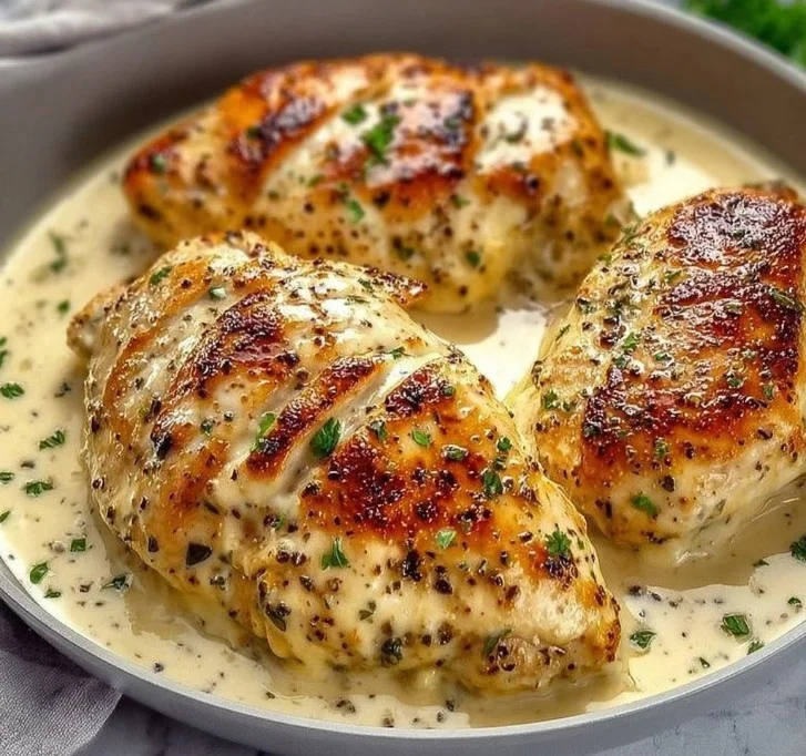 Plate of easy one-pan baked cream cheese chicken with herbs