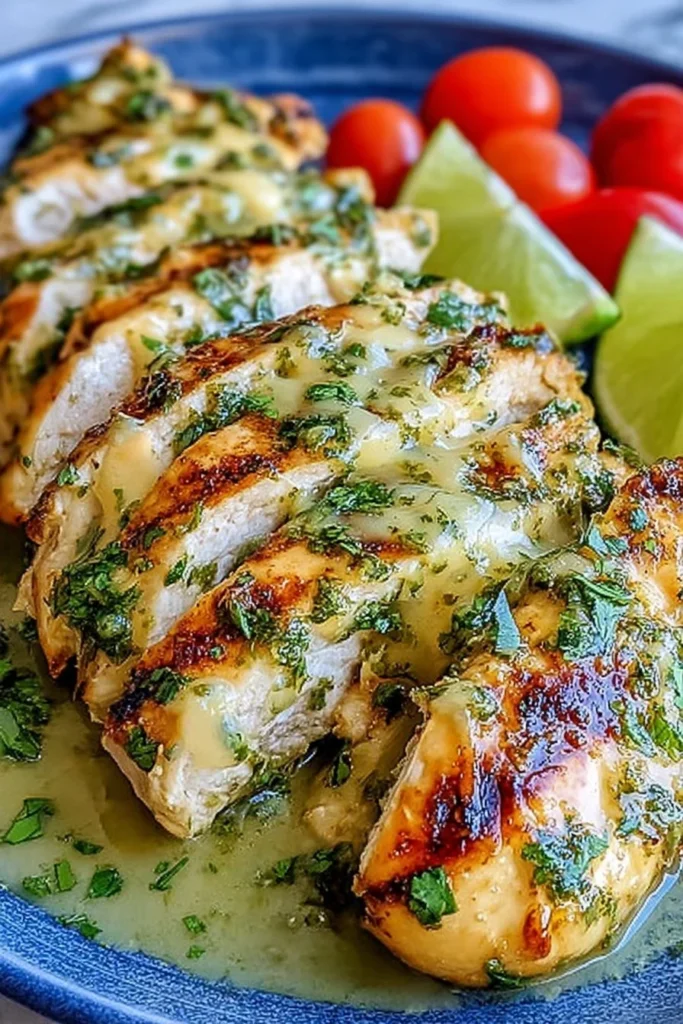 Grilled salsa verde chicken topped with Pepper Jack cheese, served on a plate.