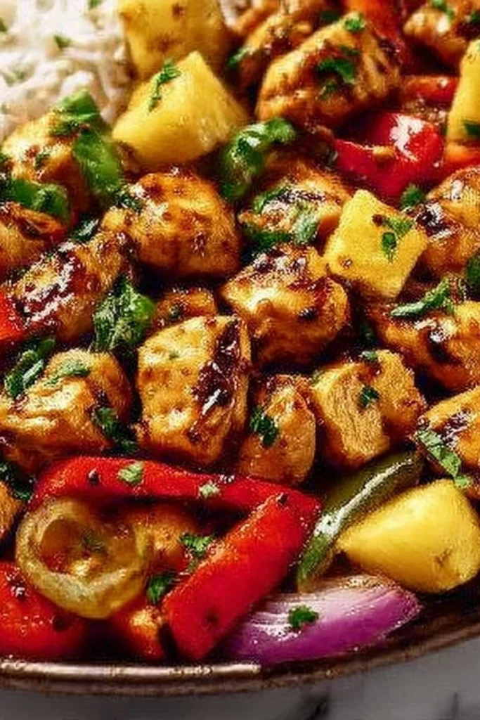Hawaiian Chicken Sheet Pan with vibrant vegetables and pineapple glaze