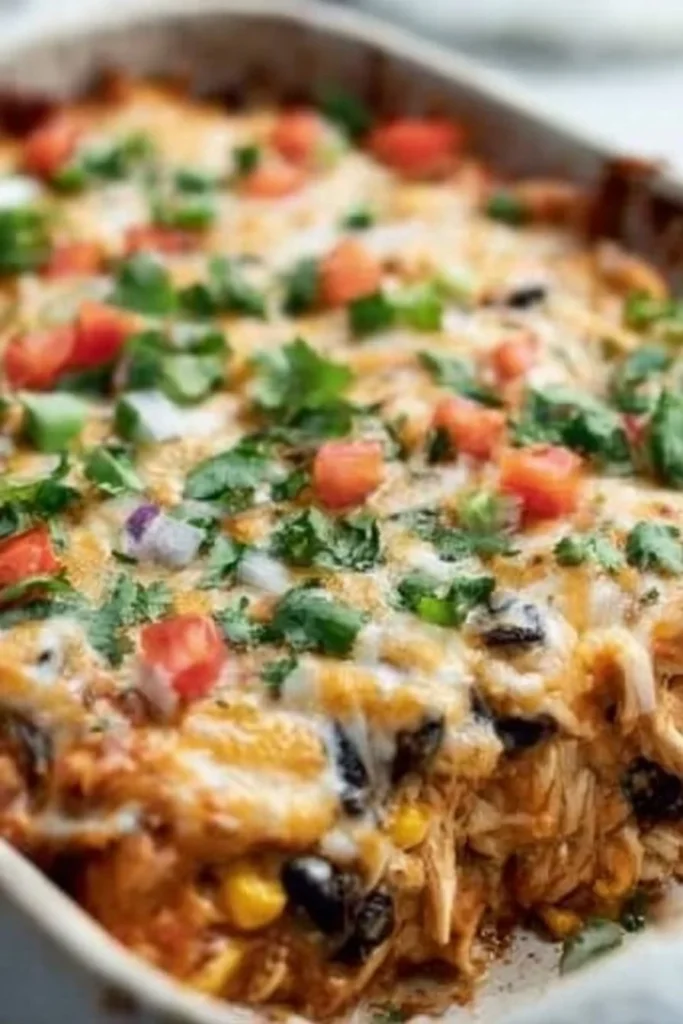 Healthy chicken burrito casserole topped with fresh ingredients in a baking dish