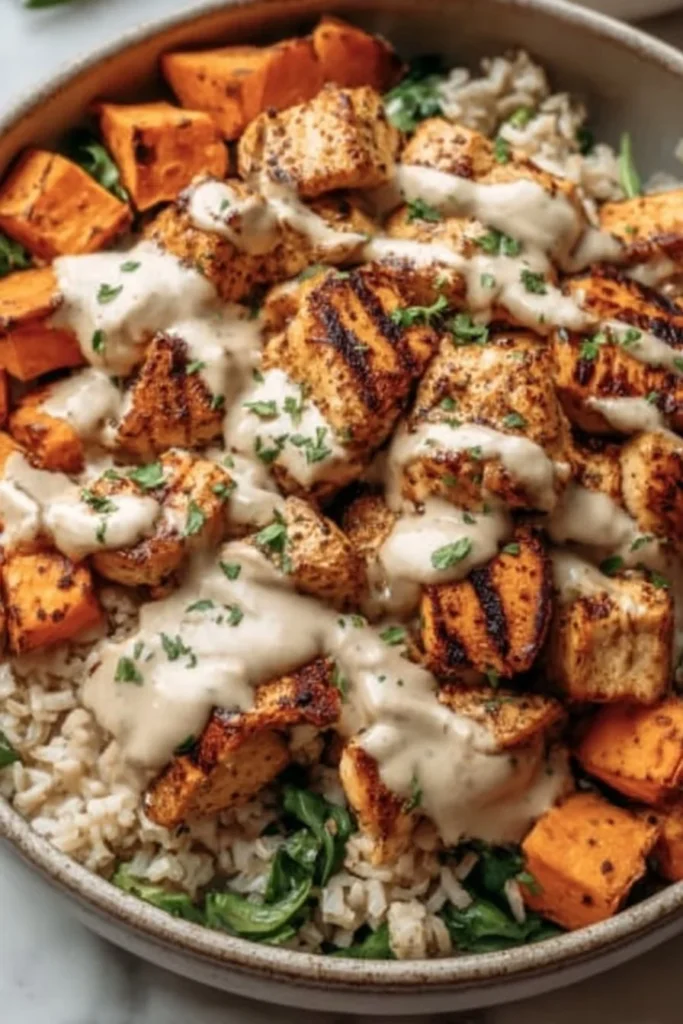 Healthy chicken rice bowl with sweet potatoes and colorful vegetables