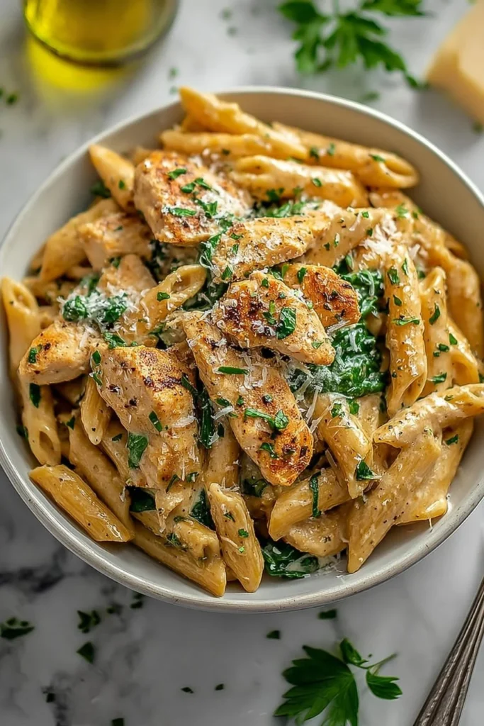 Healthy garlic parmesan chicken pasta served in a bowl with fresh herbs
