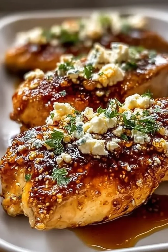Delicious hot honey feta chicken garnished and ready to serve.