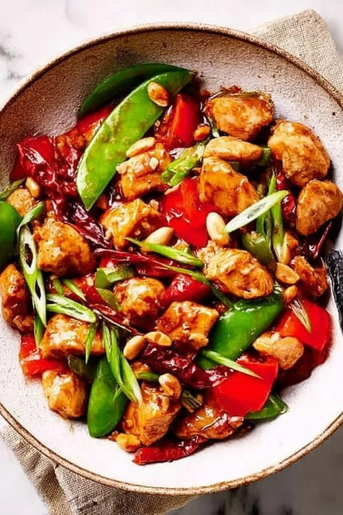 Delicious Kung Pao Chicken with peanuts and peppers served in a bowl