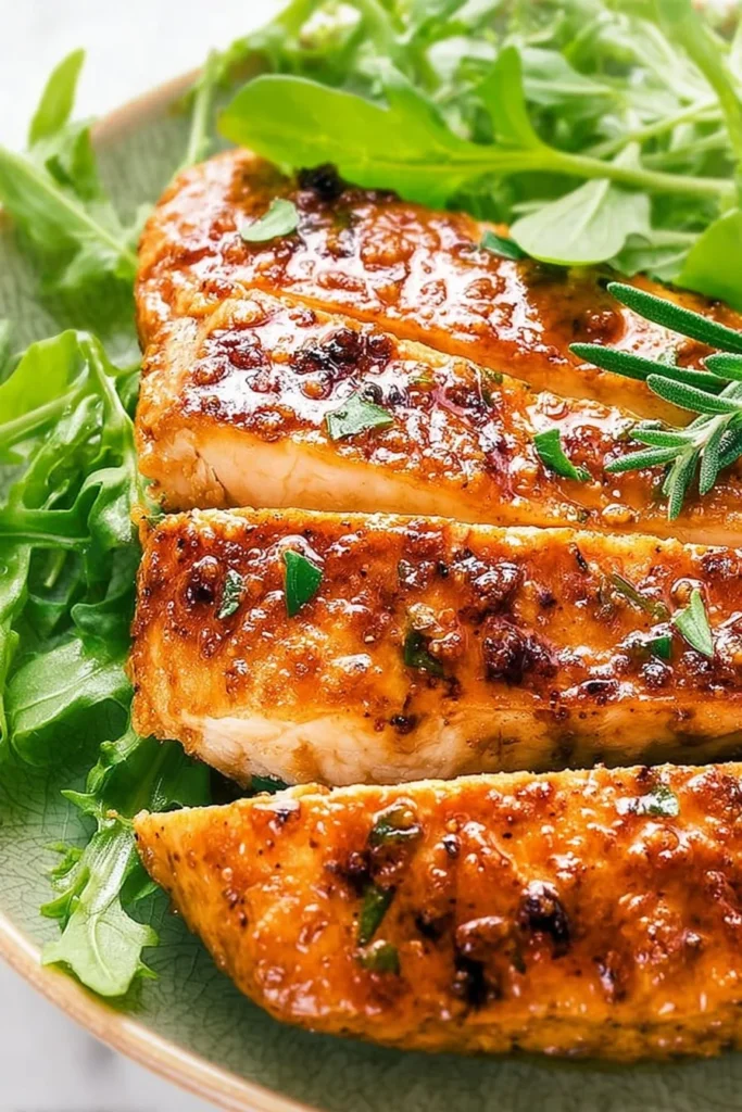 Delicious pan-fried chicken breasts garnished with herbs and spices