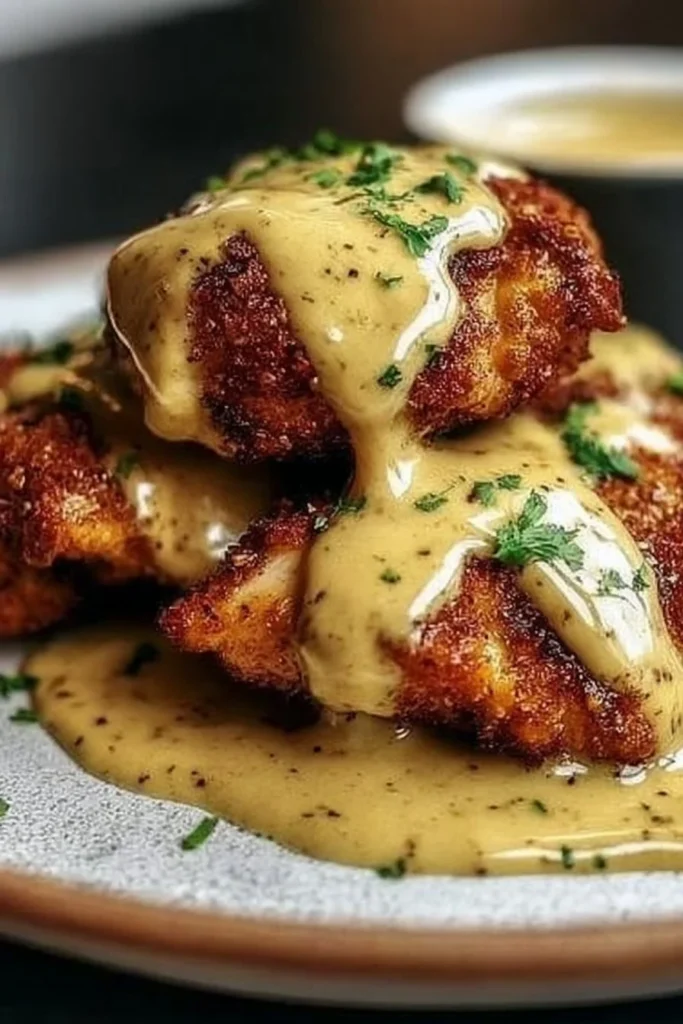 Pretzel Chicken served with a creamy mustard-cheddar sauce