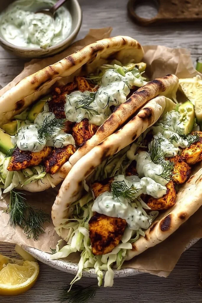 Sheet Pan Chicken Pitas with Herby Ranch served on a wooden platter