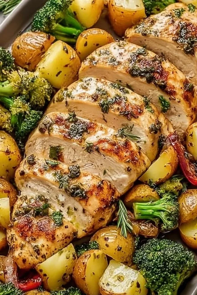 Sheet pan with Garlic Butter Chicken and colorful veggies ready to serve.