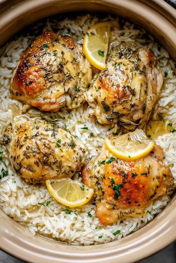 Slow cooker lemon herb chicken served with fluffy rice on a plate