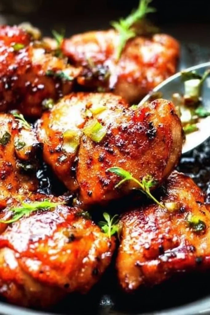Plate of spicy honey glazed chicken garnished with herbs