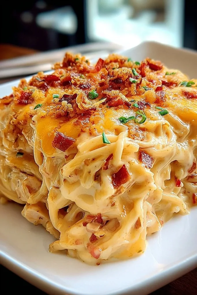 Spicy Southern Cheesy Chicken Spaghetti Casserole served in a baking dish