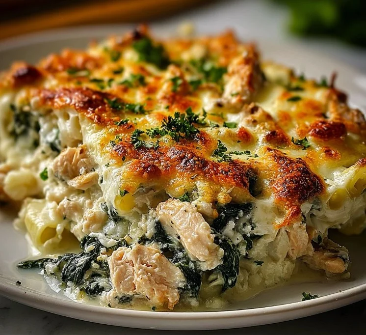 Spinach Chicken Casserole topped with Cream Cheese and Mozzarella cheese