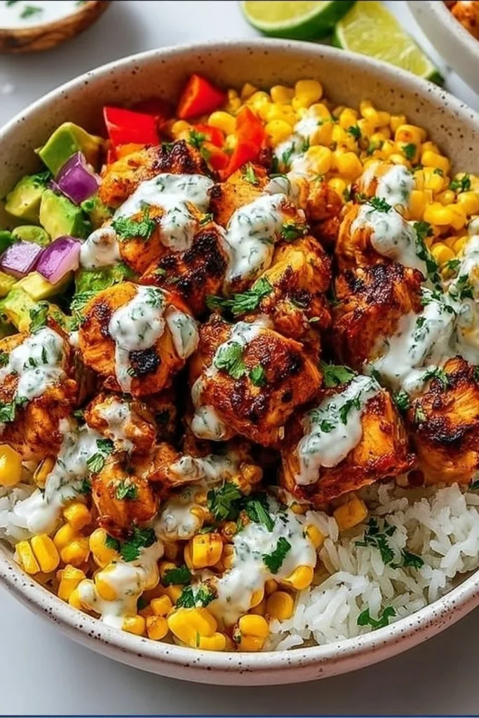 Delicious Street Corn Chicken Rice Bowl with grilled chicken and corn toppings