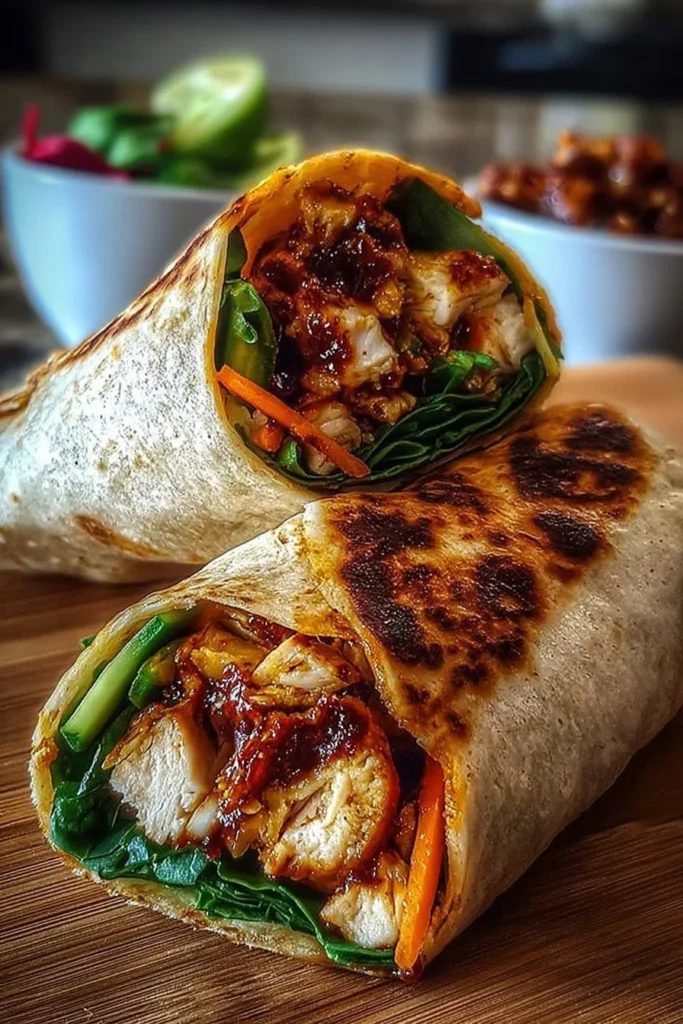 Delicious Sweet Chili Chicken Wraps served on a plate with fresh ingredients