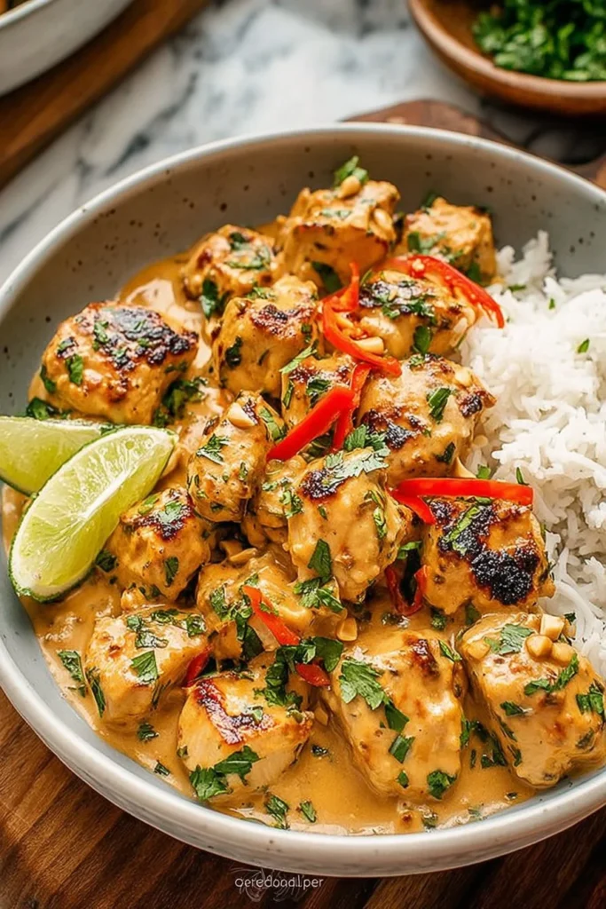 Plate of delicious Thai Peanut Chicken garnished with peanuts and herbs
