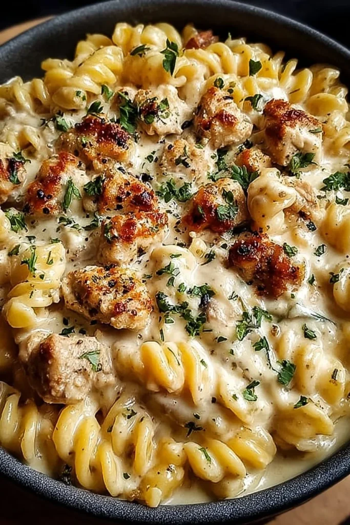 Creamy crockpot garlic parmesan chicken pasta served in a bowl
