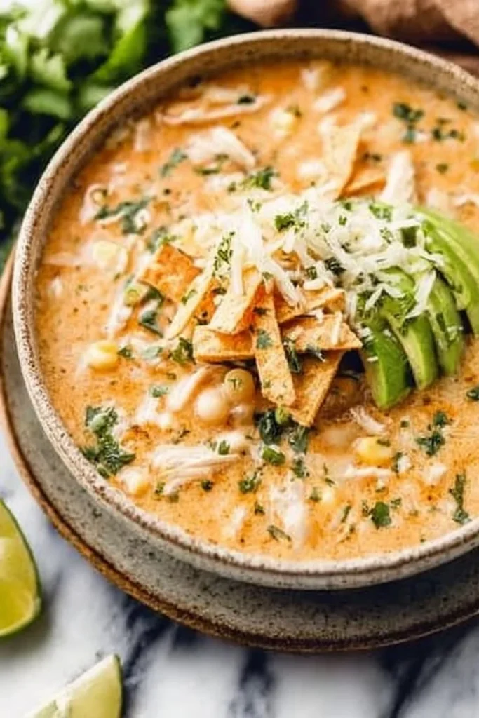 Delicious bowl of White Chicken Chili topped with fresh herbs and cheese