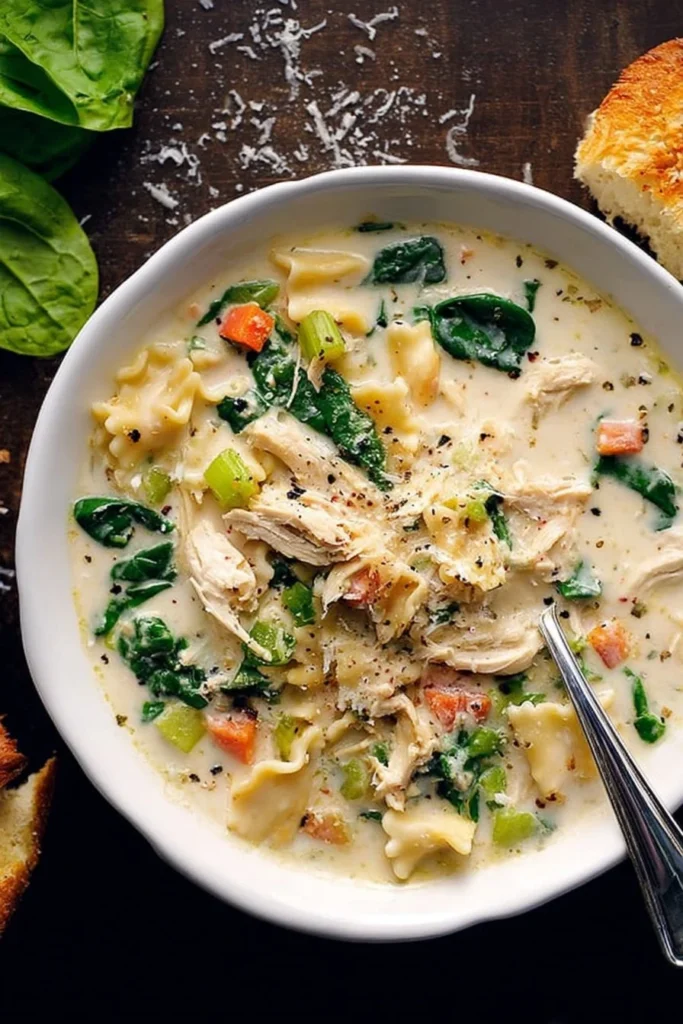 Delicious White Lasagna Soup with Chicken and Veggies in a bowl
