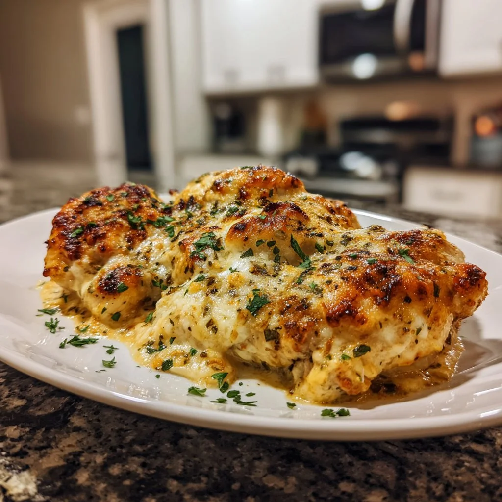 Delicious baked cream cheese chicken served with herbs and spices.
