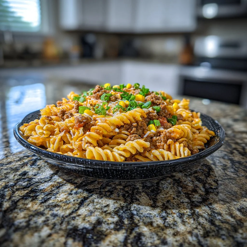 Delicious bowl of cheesy taco pasta served for a cozy dinner.