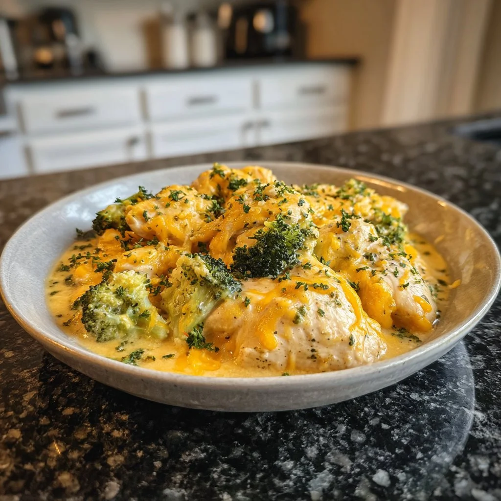 Crockpot chicken with creamy broccoli cheddar sauce in a slow cooker.