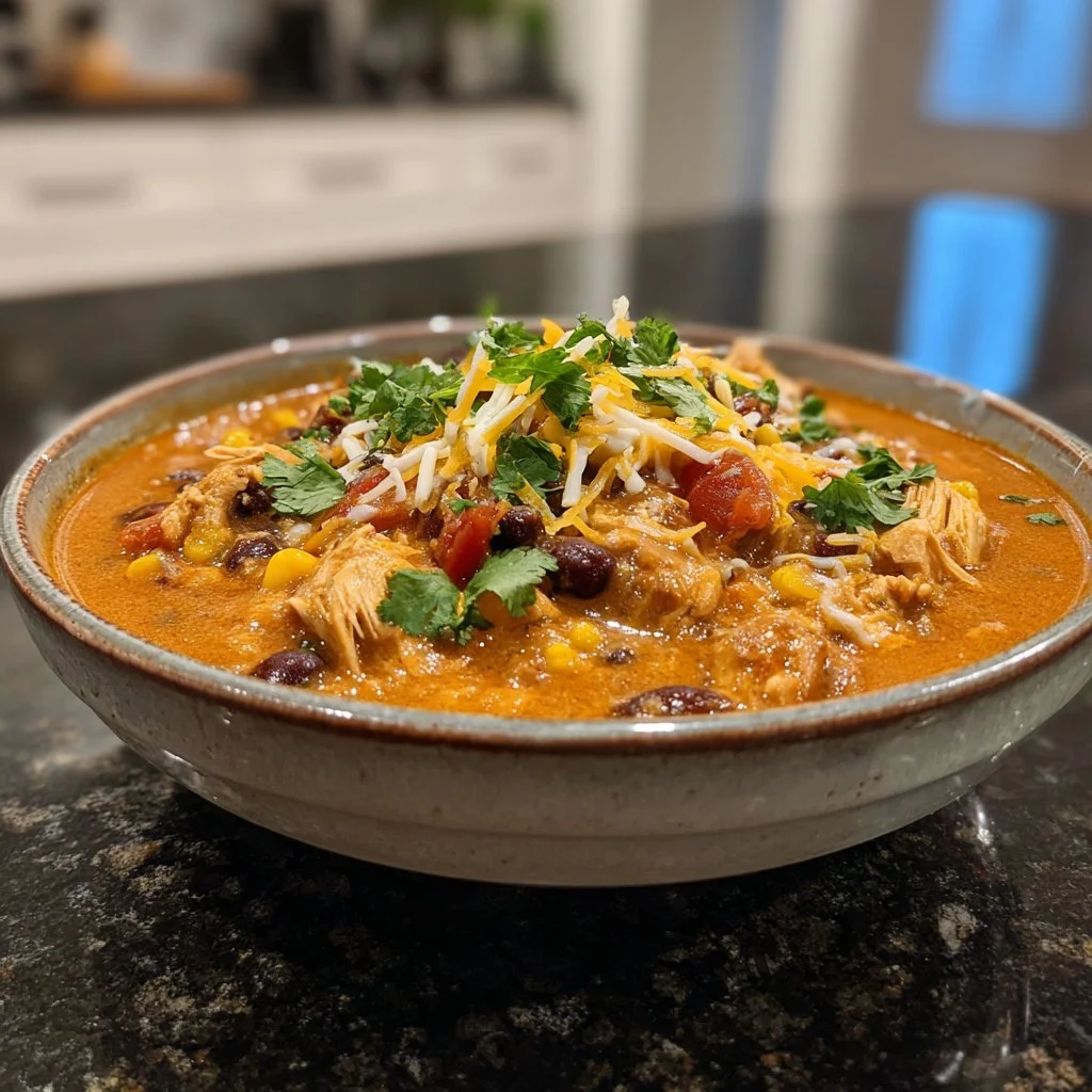 Bowl of cream cheese chicken chili garnished with cilantro and jalapeños