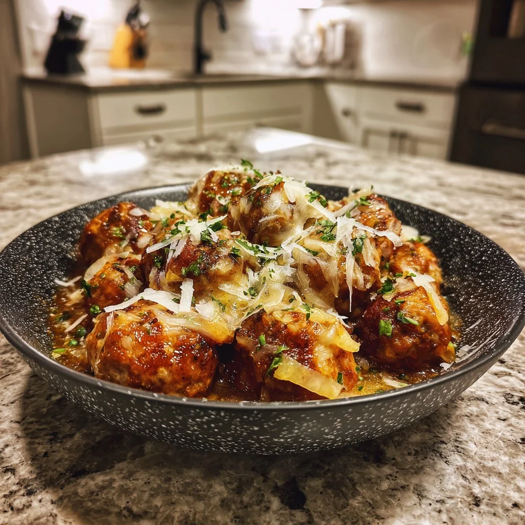 Cozy crock pot French onion meatballs served on a plate with melted cheese.