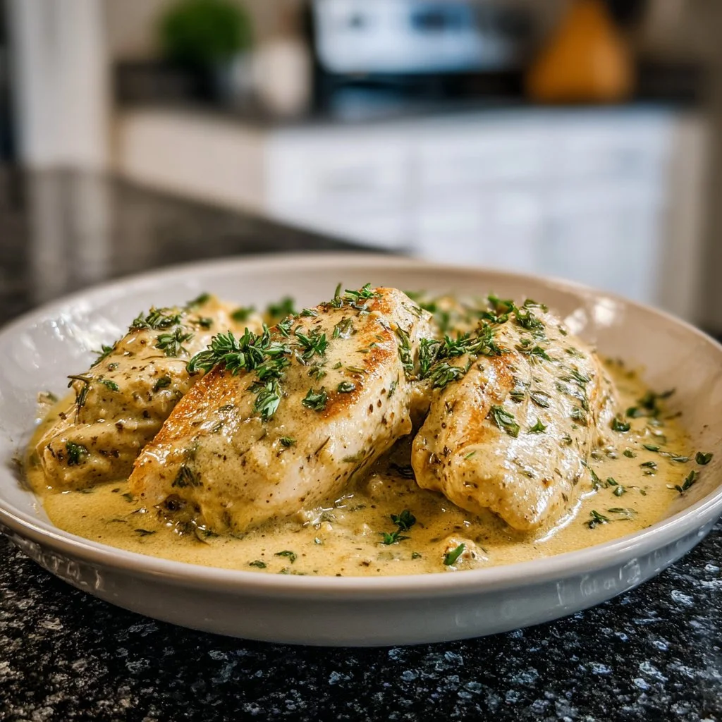 Delicious crockpot chicken with savory gravy served in a cozy dish