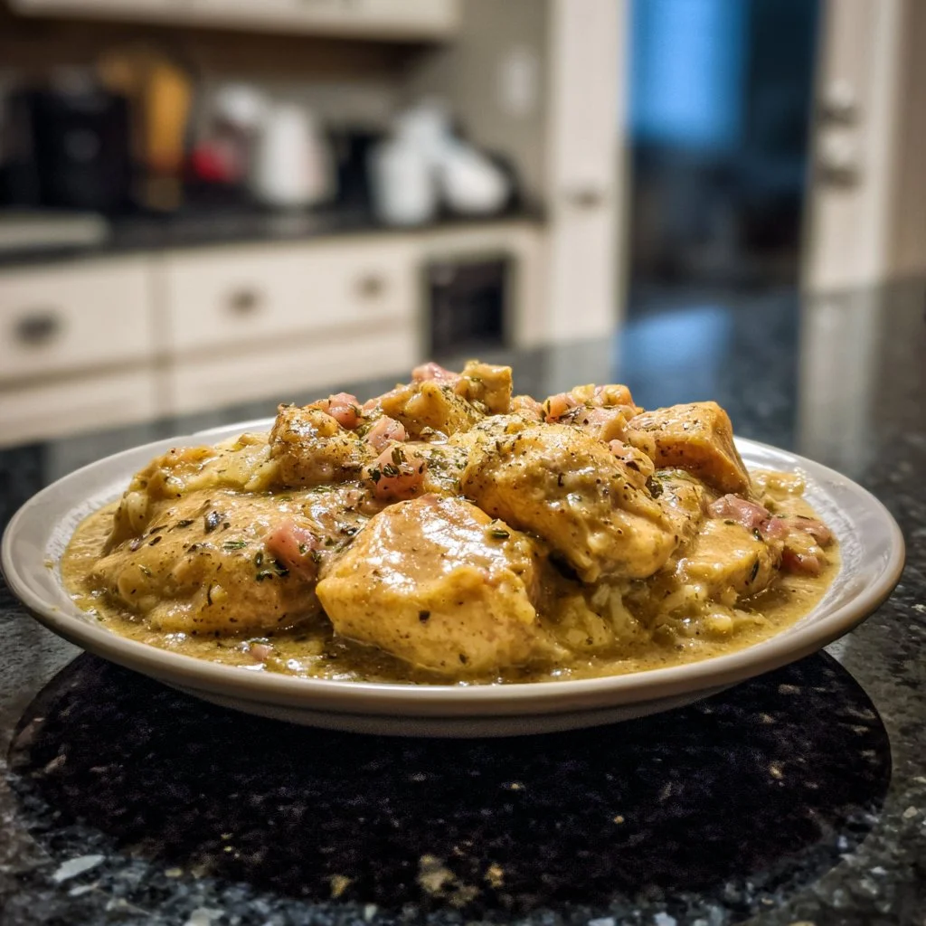 Delicious crockpot chicken served with rich gravy in a cozy setting.