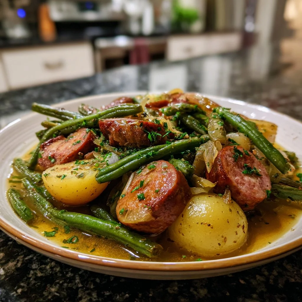 Delicious Crockpot Sausage and Green Beans meal served in a bowl