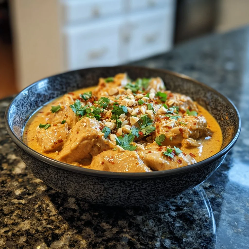 Cozy crockpot Thai Peanut Chicken dish served in a bowl
