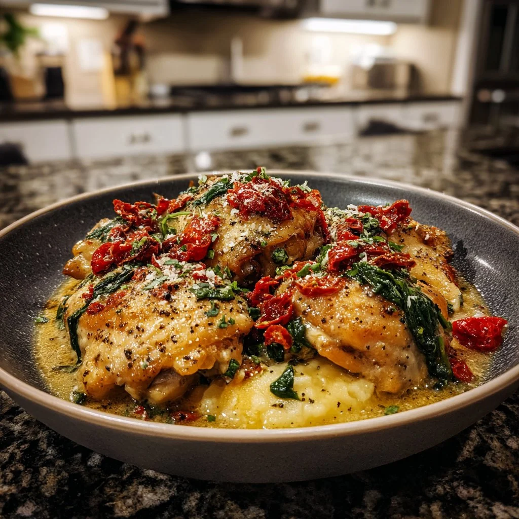 Delicious Tuscan chicken cooked in a cozy crockpot with herbs and vegetables