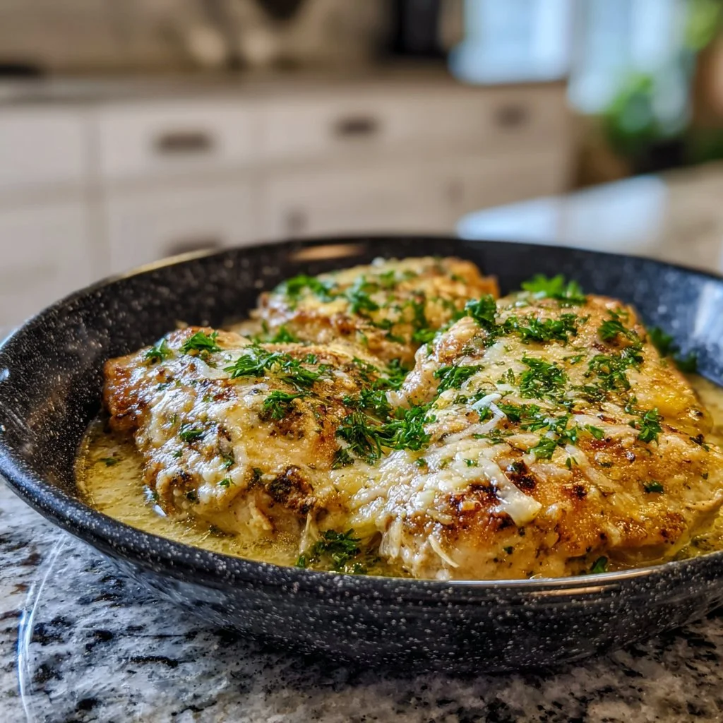 Amazing garlic parmesan chicken cooked in a cozy crockpot