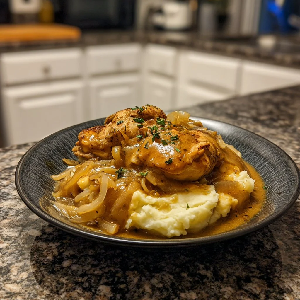 Delicious slow cooker chicken in gravy served in a cozy bowl