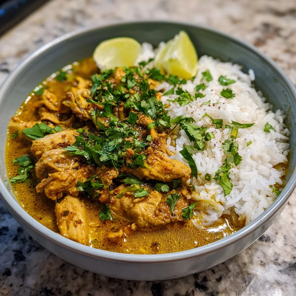 Slow cooker chicken curry simmering in a cozy kitchen setting