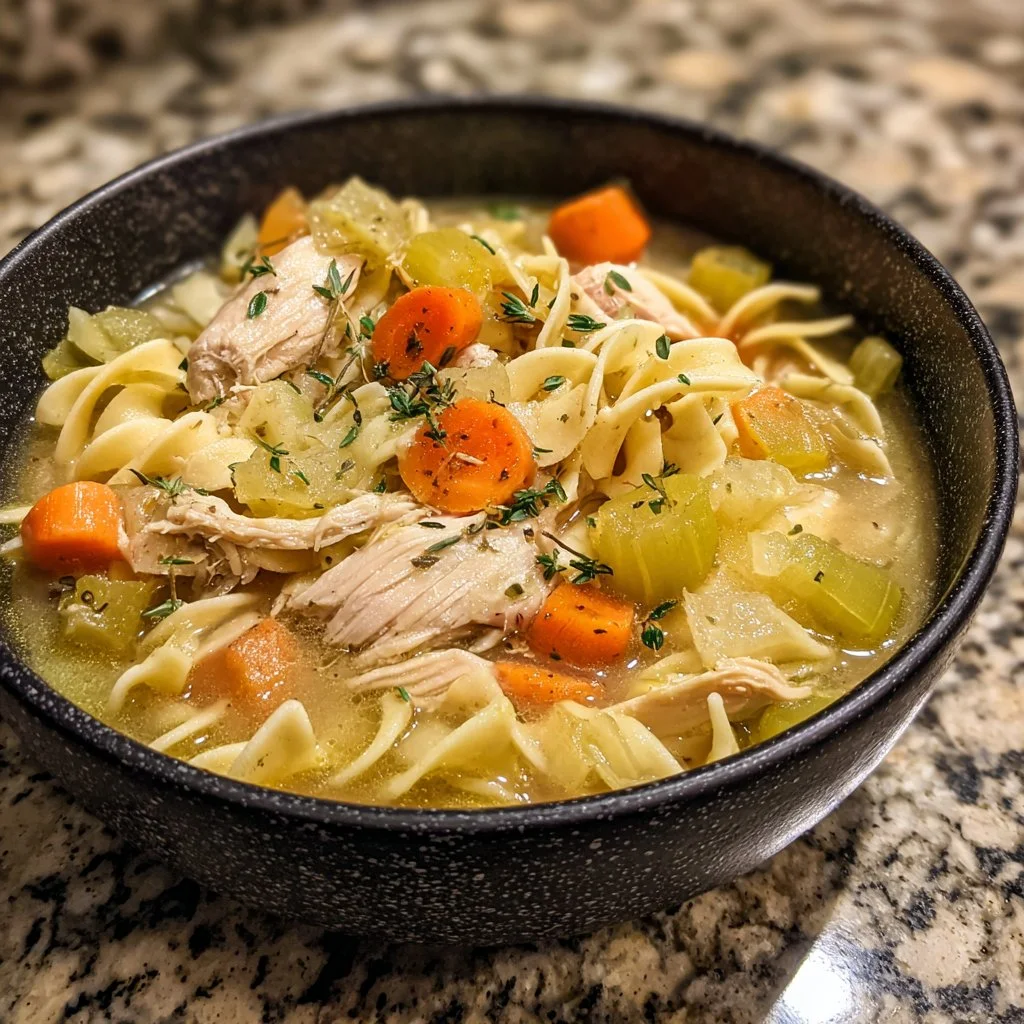 Bowl of amazing slow cooker chicken noodle soup with fresh vegetables and herbs.