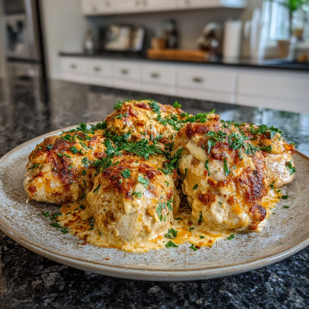 Delicious cream cheese chicken served on a plate with herbs and spices
