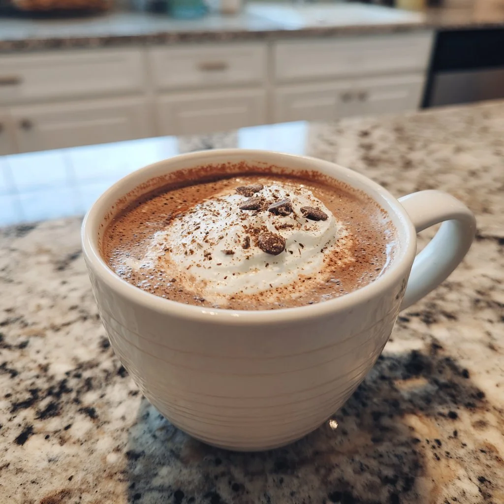 A cup of amazing creamy hot chocolate topped with whipped cream and chocolate shavings