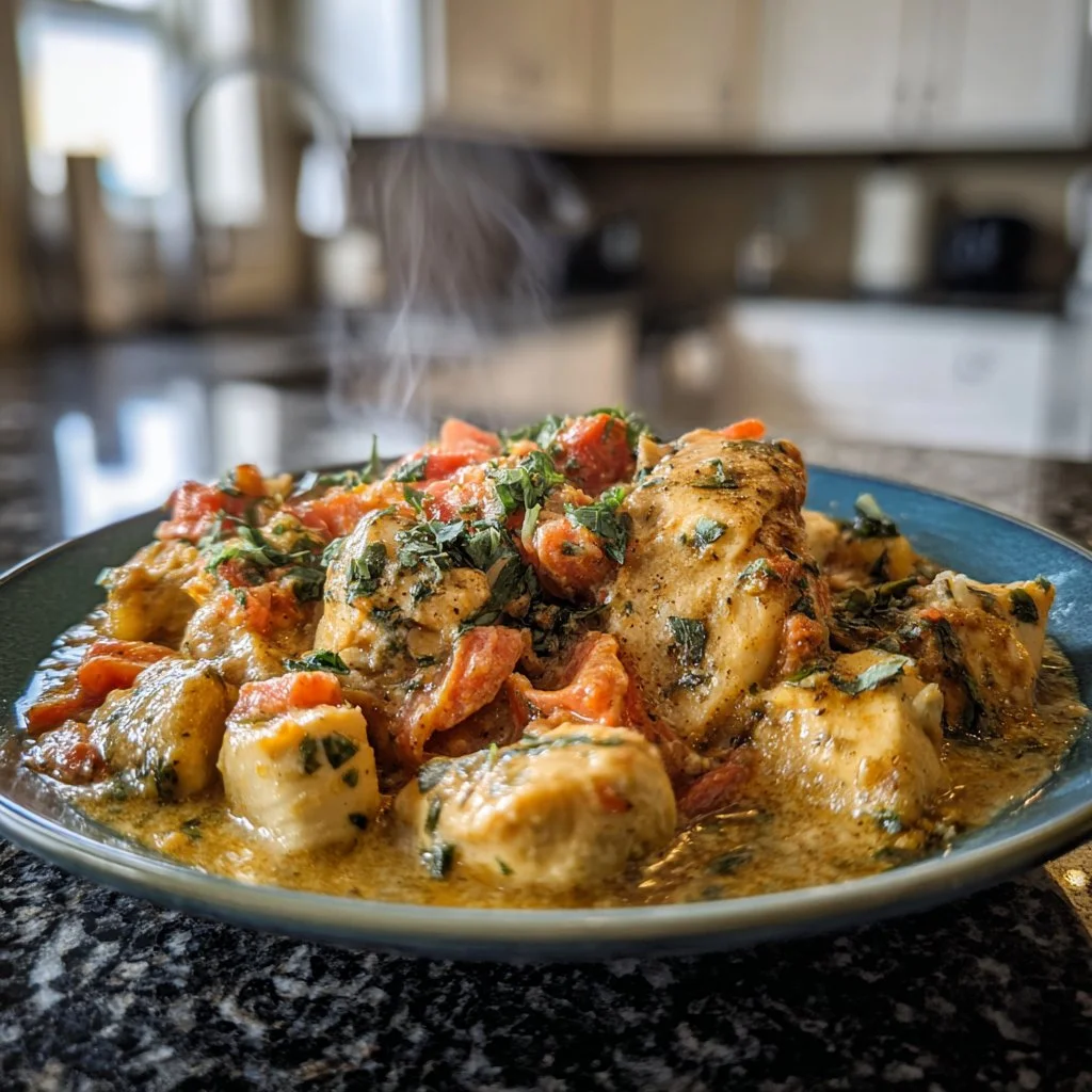 Delicious crockpot Marry Me Chicken served on a plate with herbs.