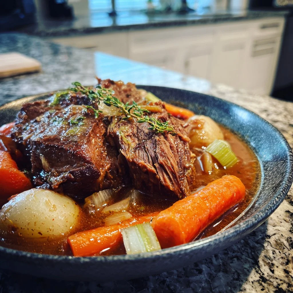 Gordon Ramsay inspired pot roast with vegetables and herbs in a rustic setting