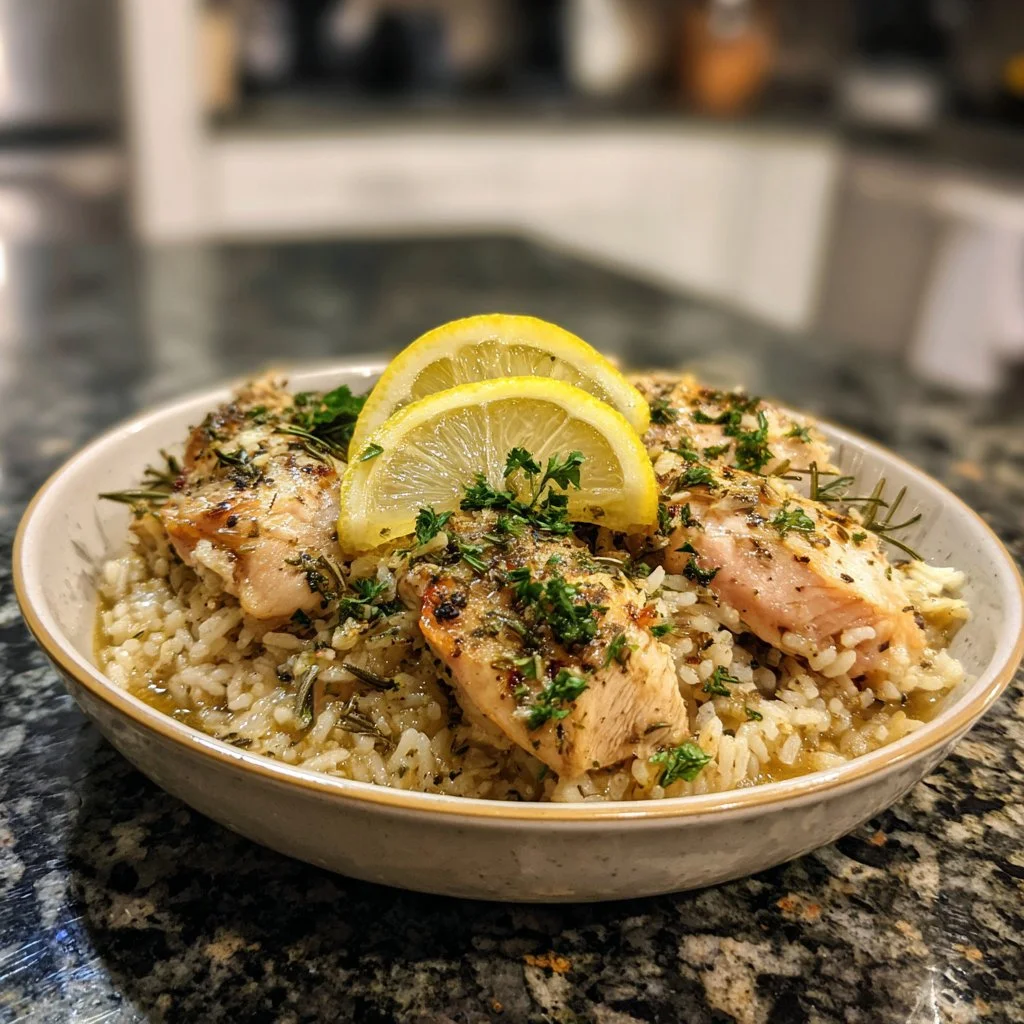 Plate of Lemon Herb Chicken served with rice and garnished with fresh herbs