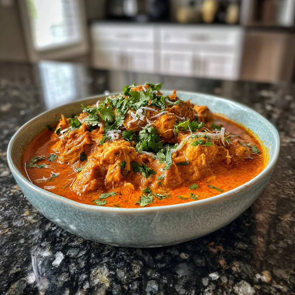 Delicious slow cooker butter chicken served with rice and naan.