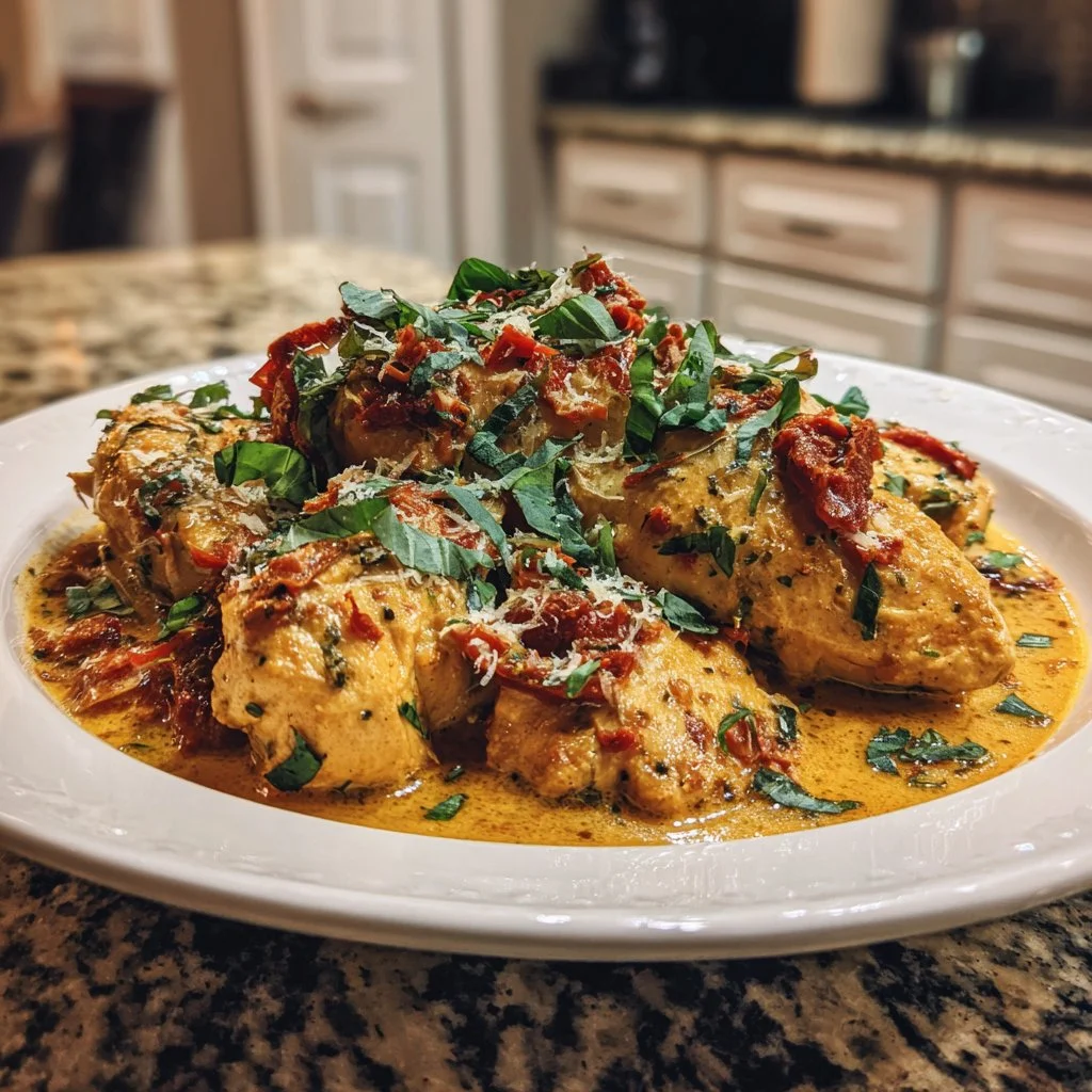Delicious slow cooker chicken served in a bowl with herbs and spices