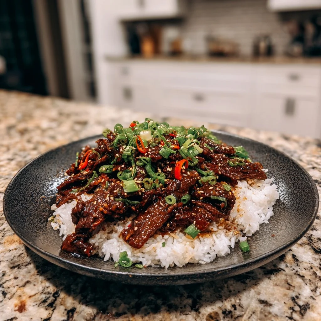 Slow Cooker Mongolian Beef served in a bowl with vegetables and sauce
