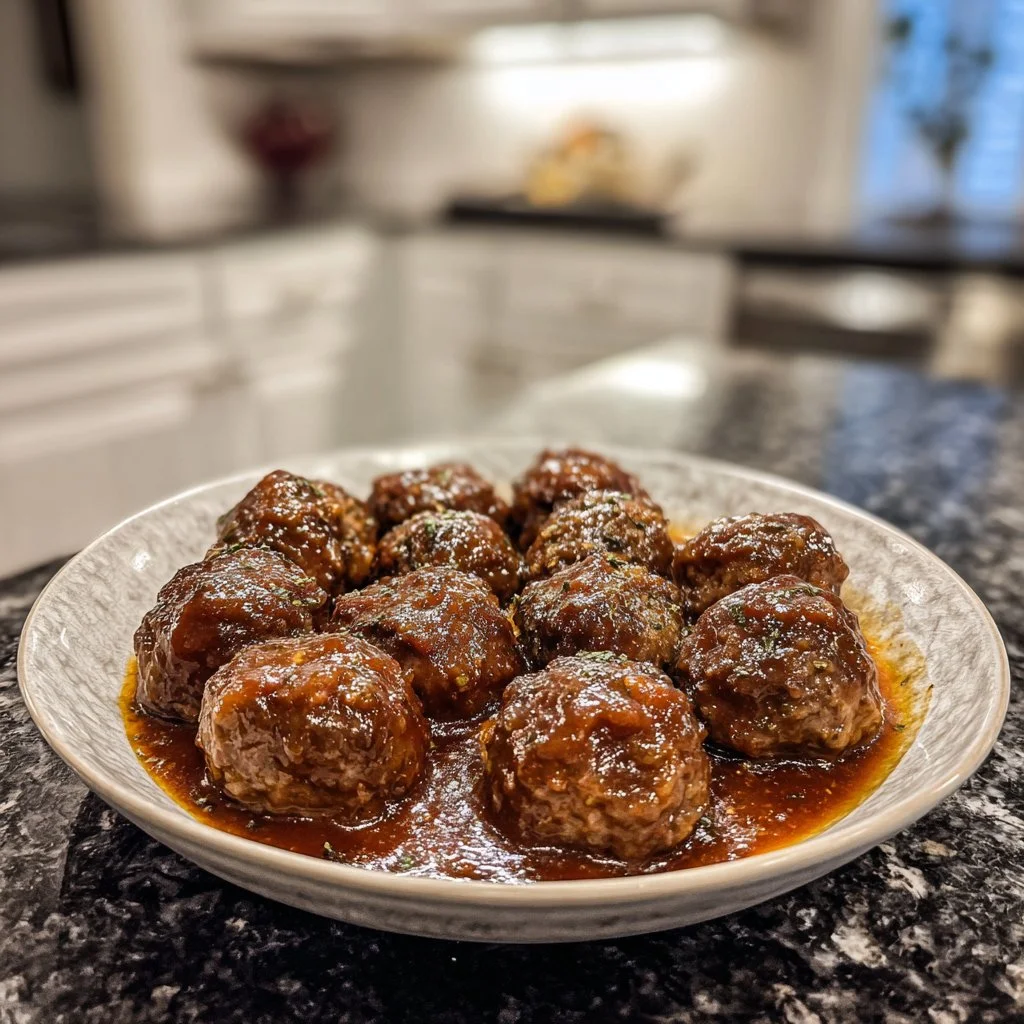 Slow Cooker Salisbury Steak Meatballs served with gravy and mashed potatoes