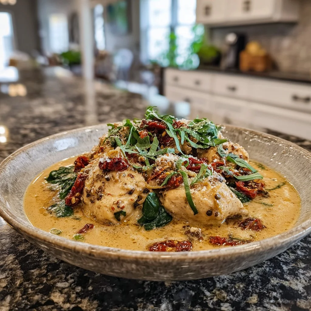 Delicious slow cooker Tuscan chicken with herbs and creamy sauce served in a dish