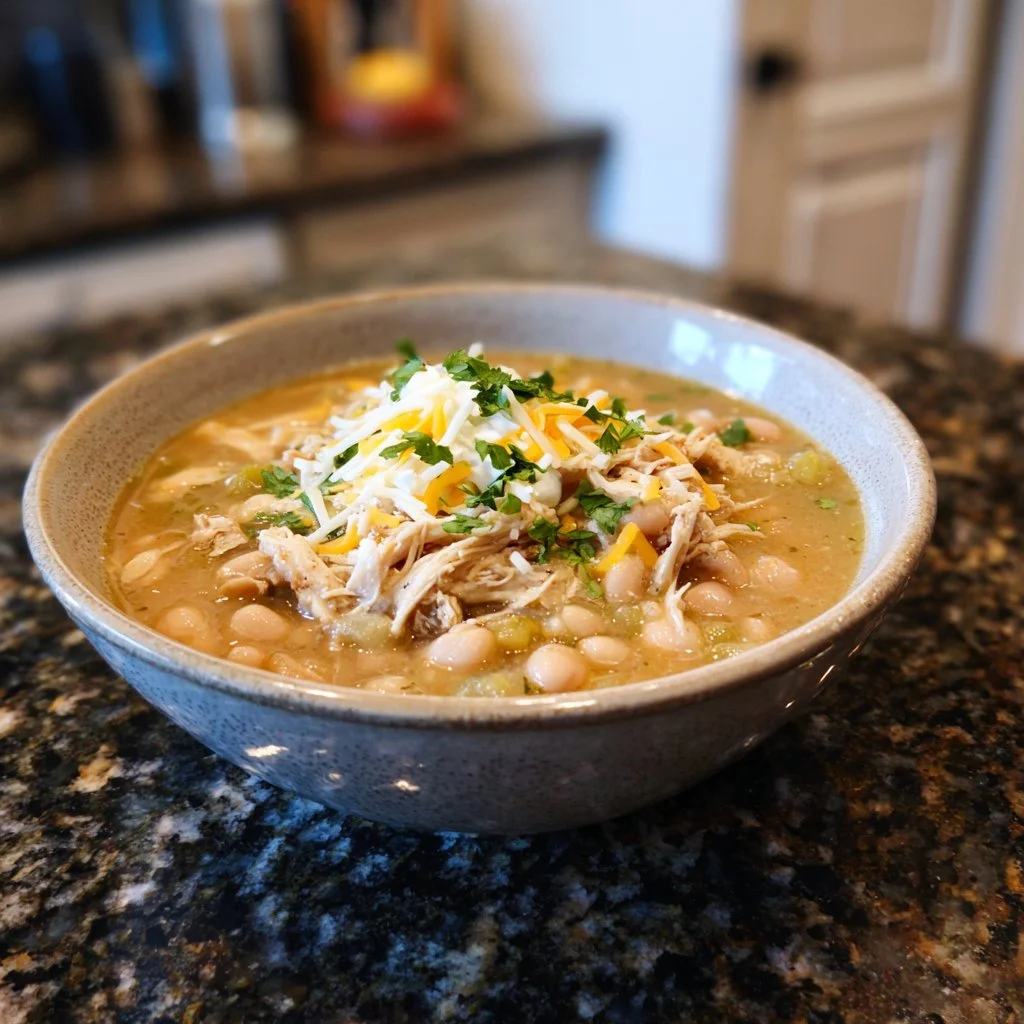Bowl of delicious white chicken chili topped with fresh herbs.