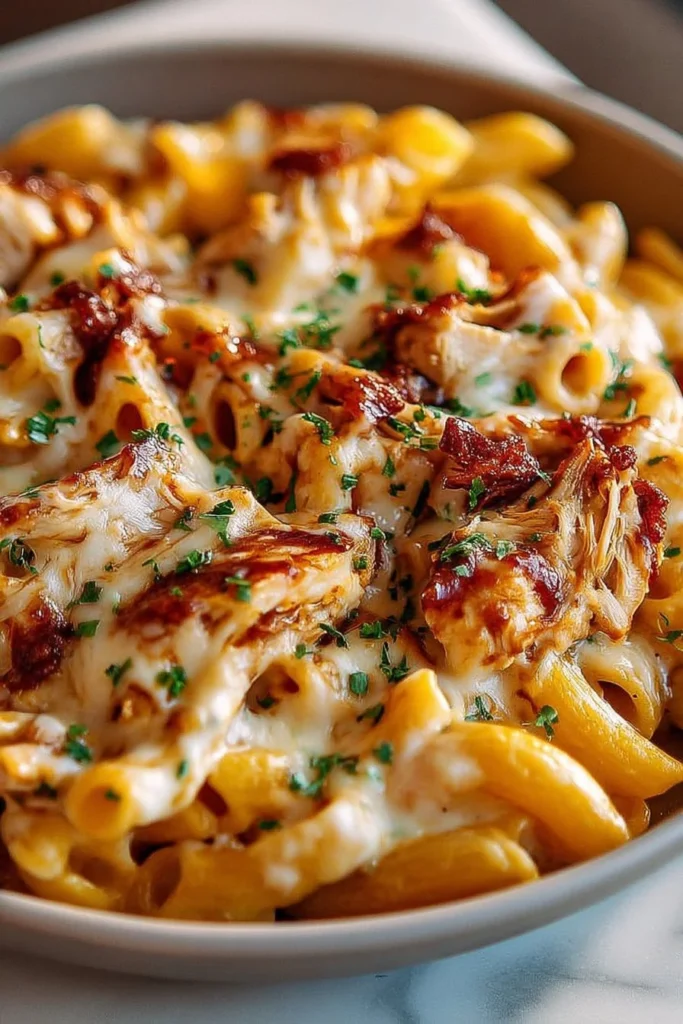 Delicious BBQ chicken mac and cheese topped with smoky barbecue sauce